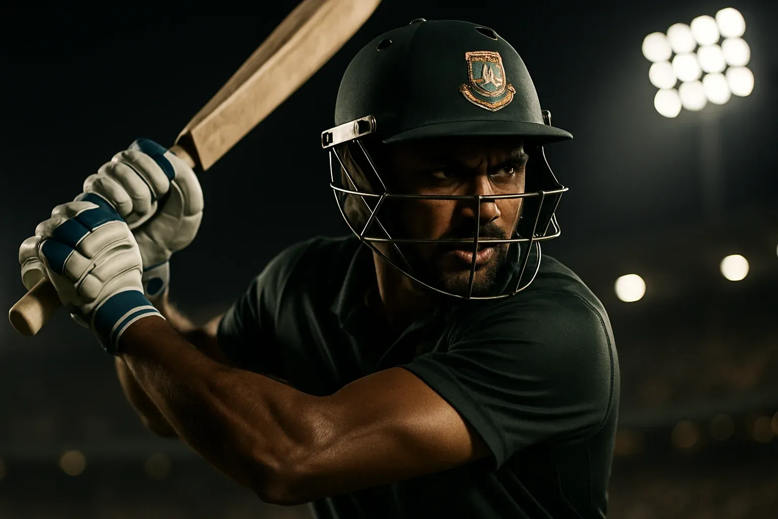 Ultra-realistic close-up of Bangladeshi cricket batsman in aggressive batting stance