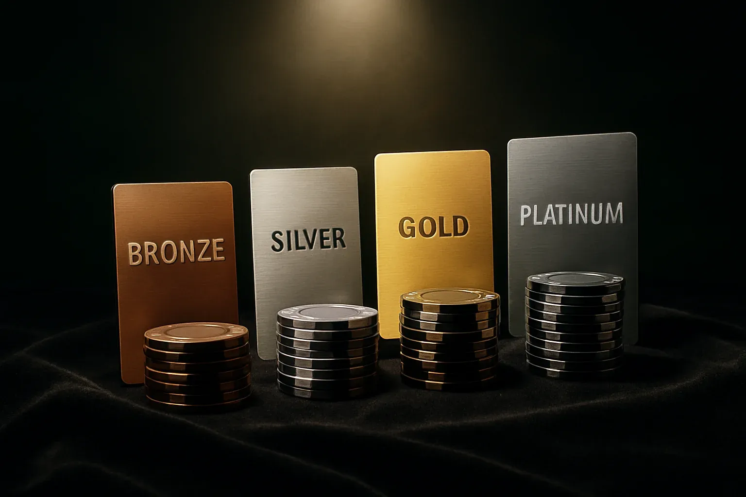 Tiered casino loyalty cards with chip stacks on dark velvet under spotlight