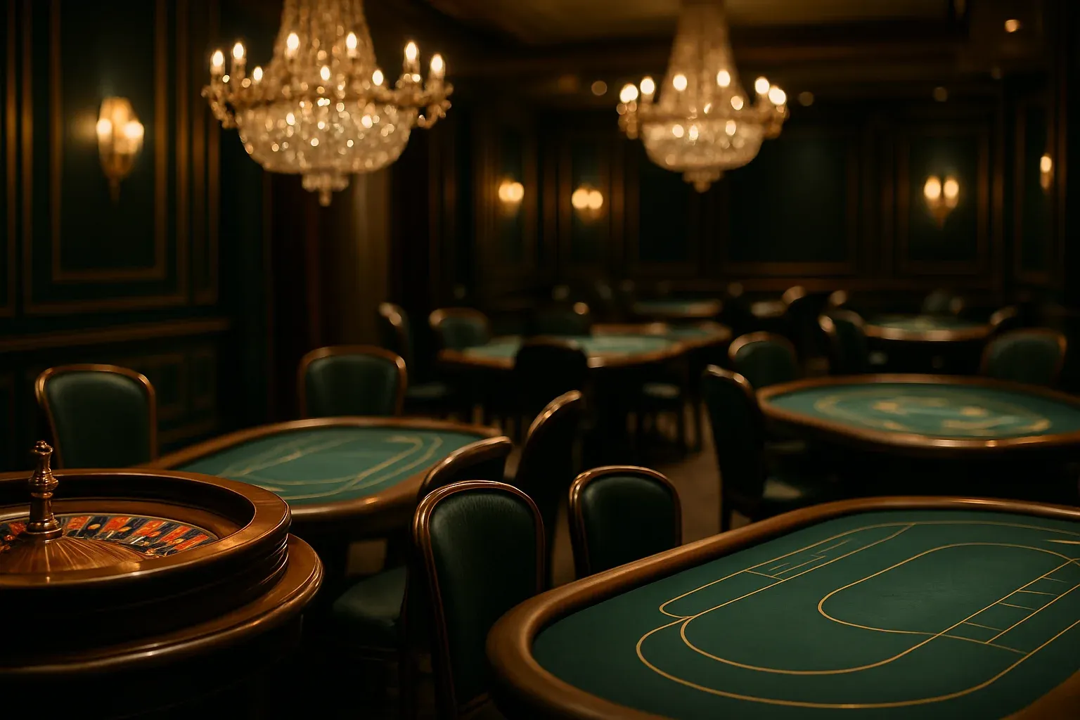 Ultra-realistic luxury live casino studio with roulette, blackjack, baccarat tables