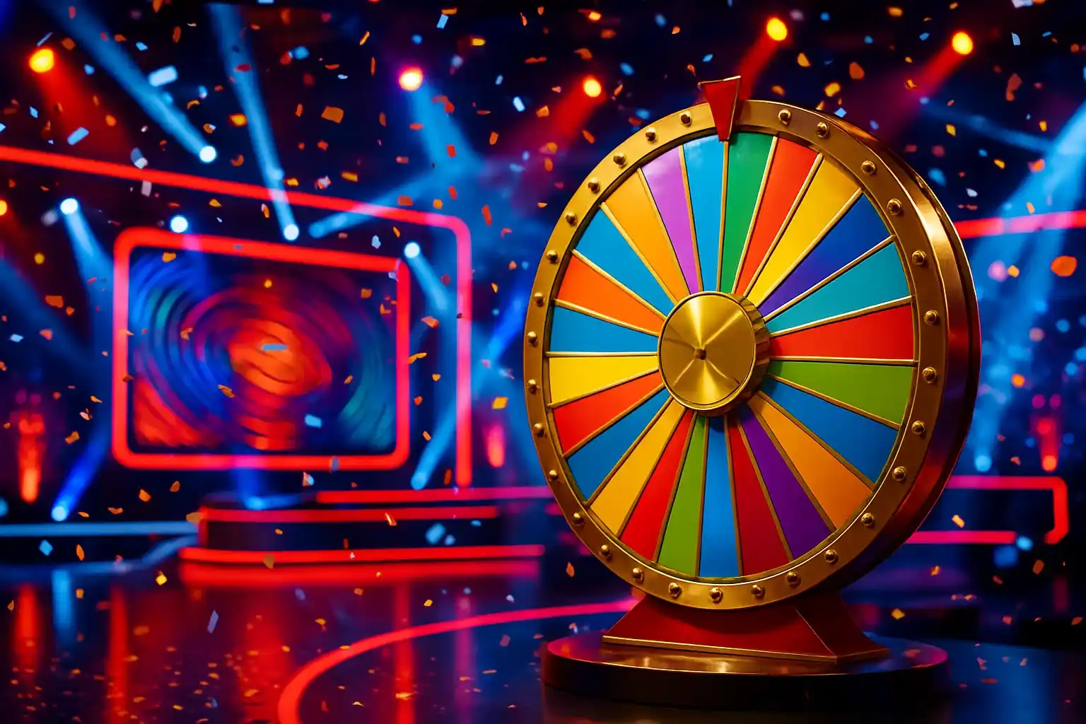 Ultra-realistic live game show studio with colorful spinning money wheel and confetti