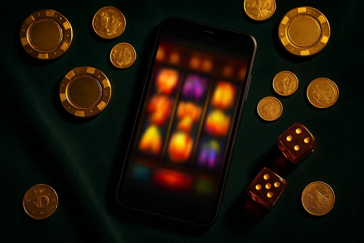 Smartphone showing blurred slot game, gold coins, chips and dice on velvet